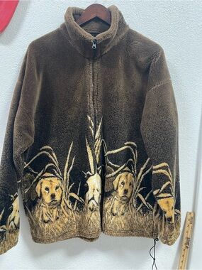 Vtg Cobblestone Canyon Fleece Jacket Womens XL Dog Puppy All Over Print Brown
